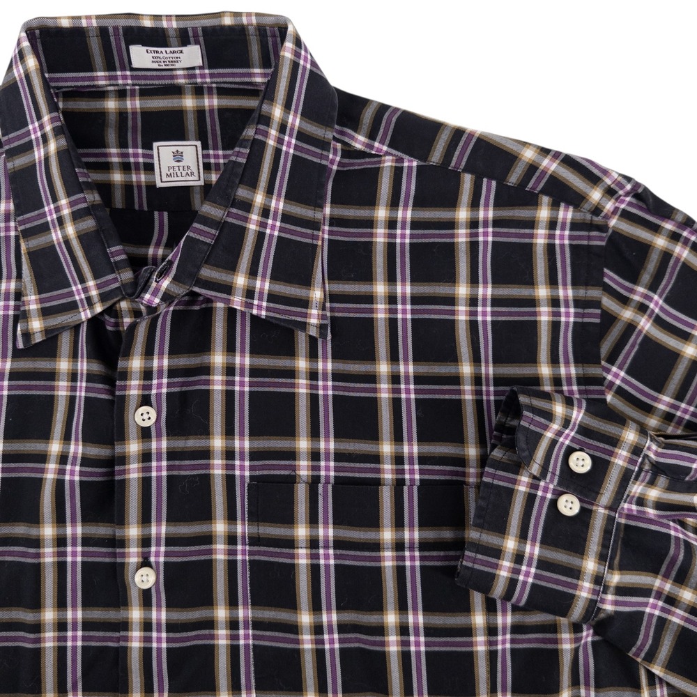 Peter Millar Men's XL Black & Purple Plaid 100% Cotton Dress Button Down Shirt